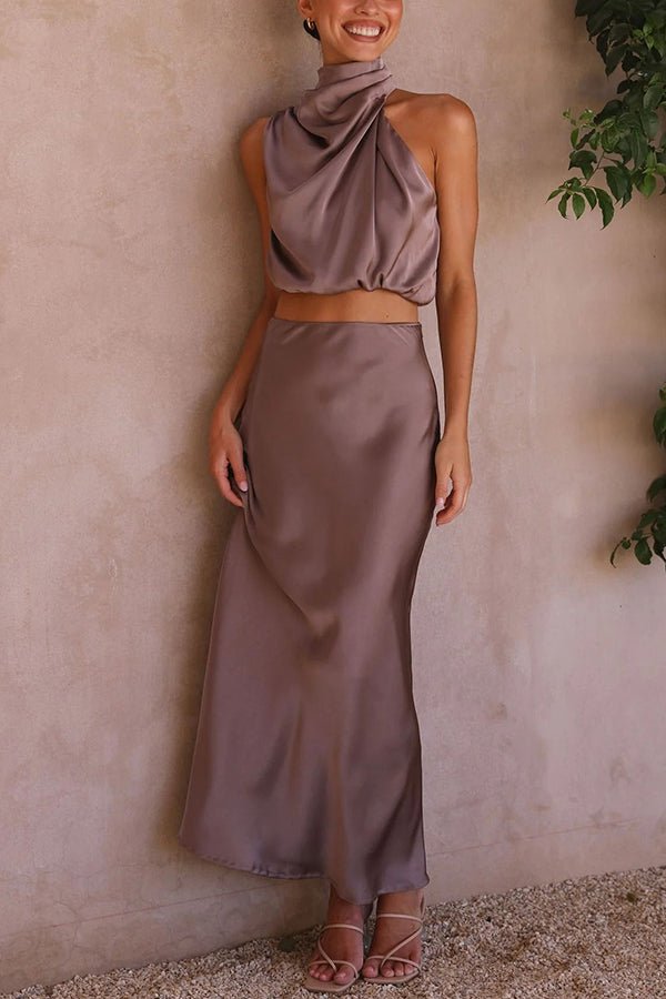 SOERA Beatrice Two - Piece Satin Wedding Guest Set - Dress - Mocha M