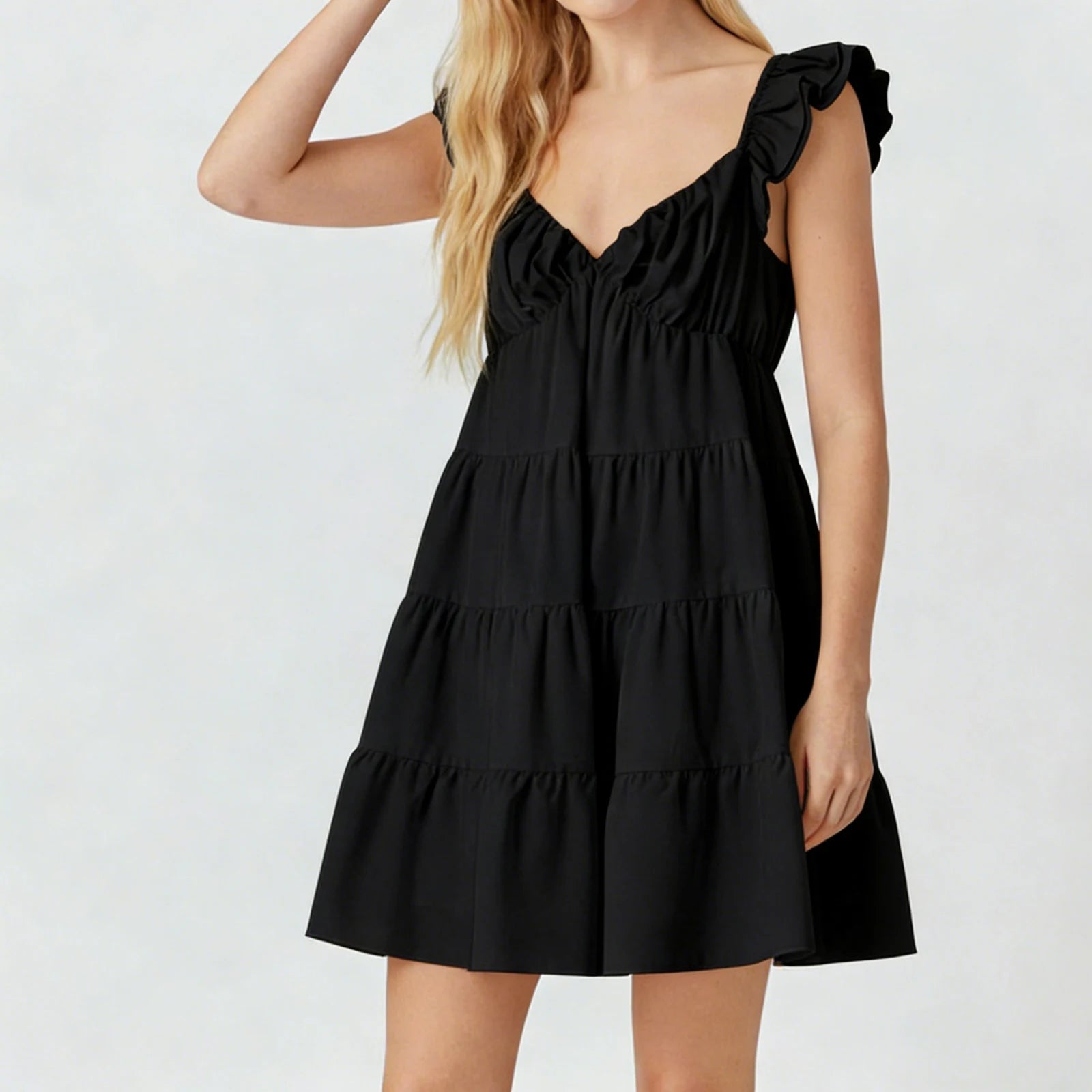 SOERA Eulalia Flutter Sleeve Tiered Mini Dress - Dress - Black S