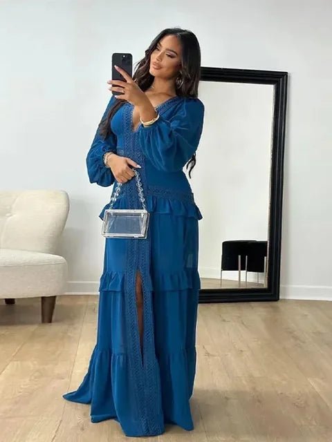SOERA Molly Deep V - Neck Ruffle Maxi Dress - Dress - Navy Blue L
