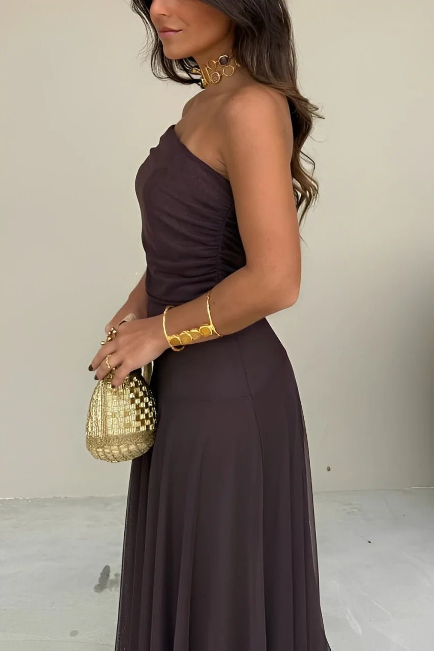 SOERA Sienna Off-Shoulder Ruched Maxi Dress - Dress - SOERA-616515-S-BROWN-71651 Brown S