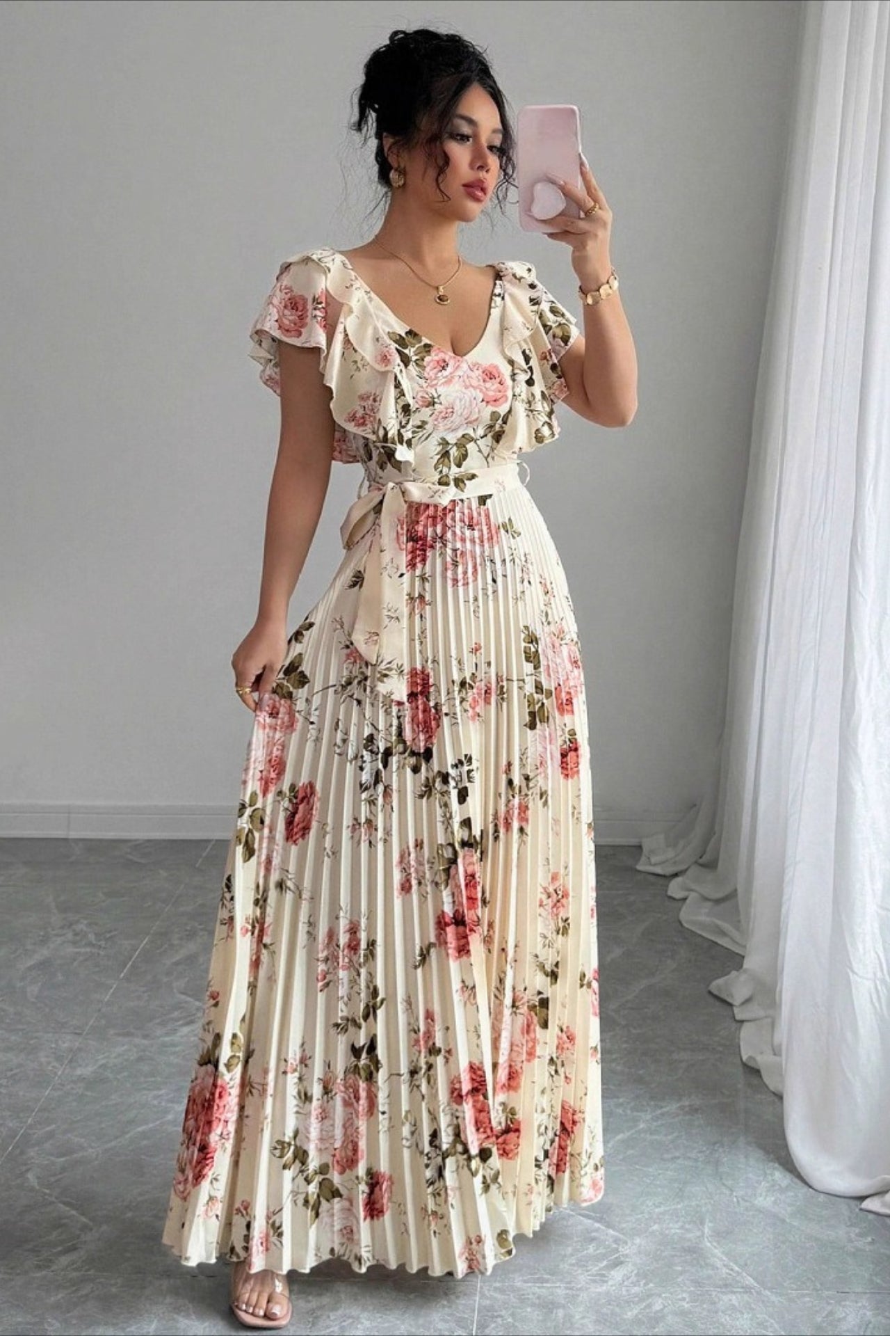 SOERA Valentina Floral V - Neck Ruffle Sleeve Maxi Dress - Dress - Beige XS