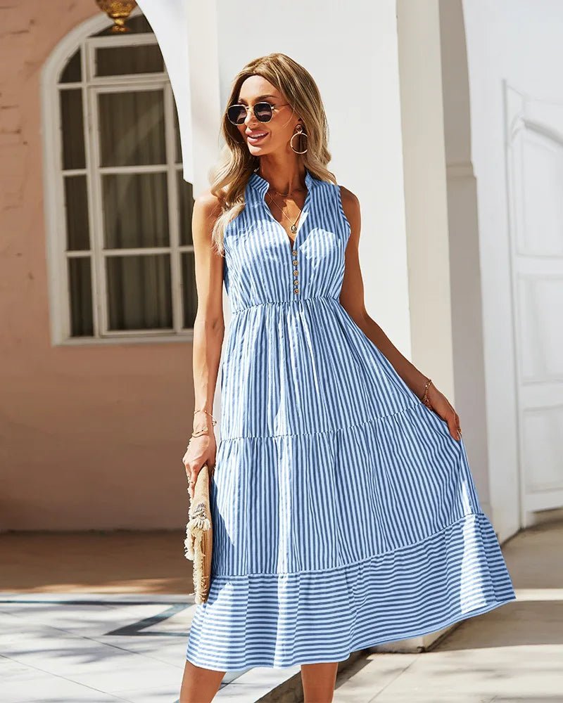 SOERA Bianca Striped V-Neck Sleeveless Shirt Dress - Dresses - Blue S