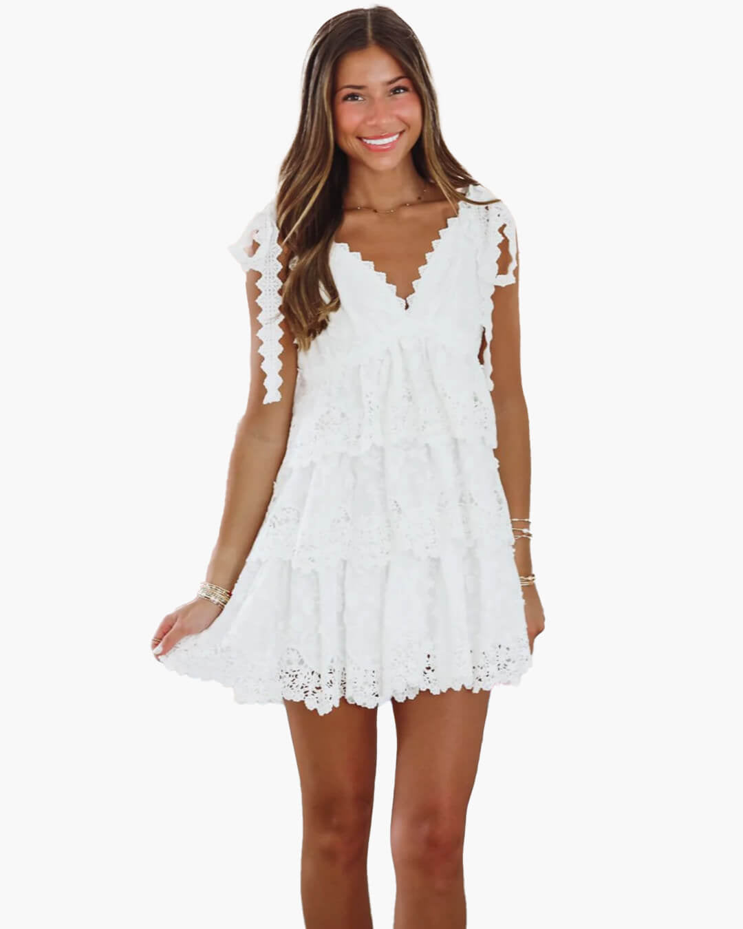 SOERA Sophia V - Neck Tiered Lace Mini Dress - Dresses - White XL