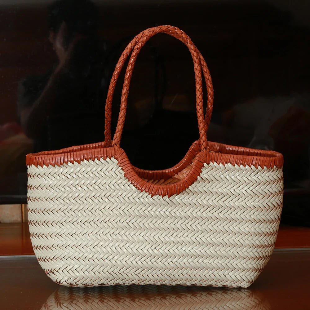 SOERA Beatrice Woven Leather Tote Bag - Handbags - Auburn White Small