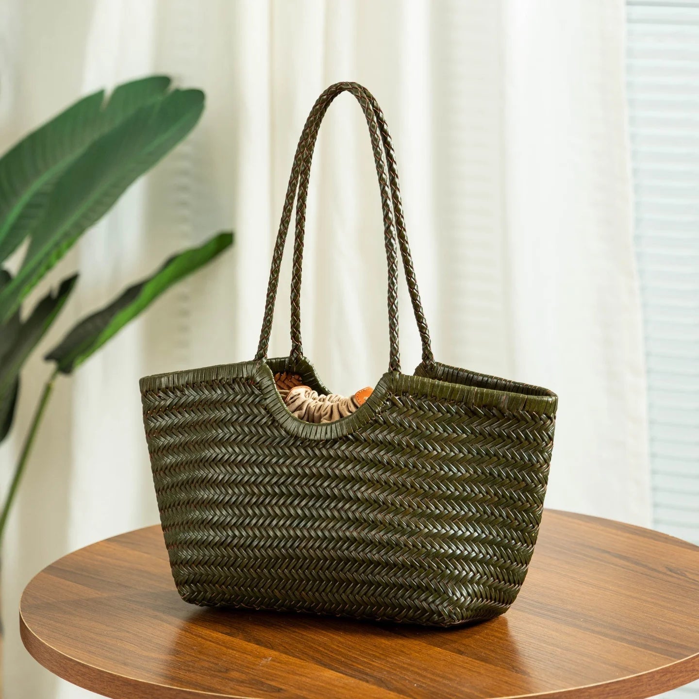 SOERA Bianca Handwoven Leather Tote Bag - Handbags - Green Large