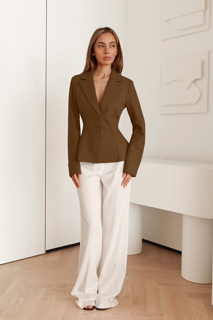 SOERA Vivienne Fitted V - Neck Padded Shoulder Blazer - Jacket - Brown S