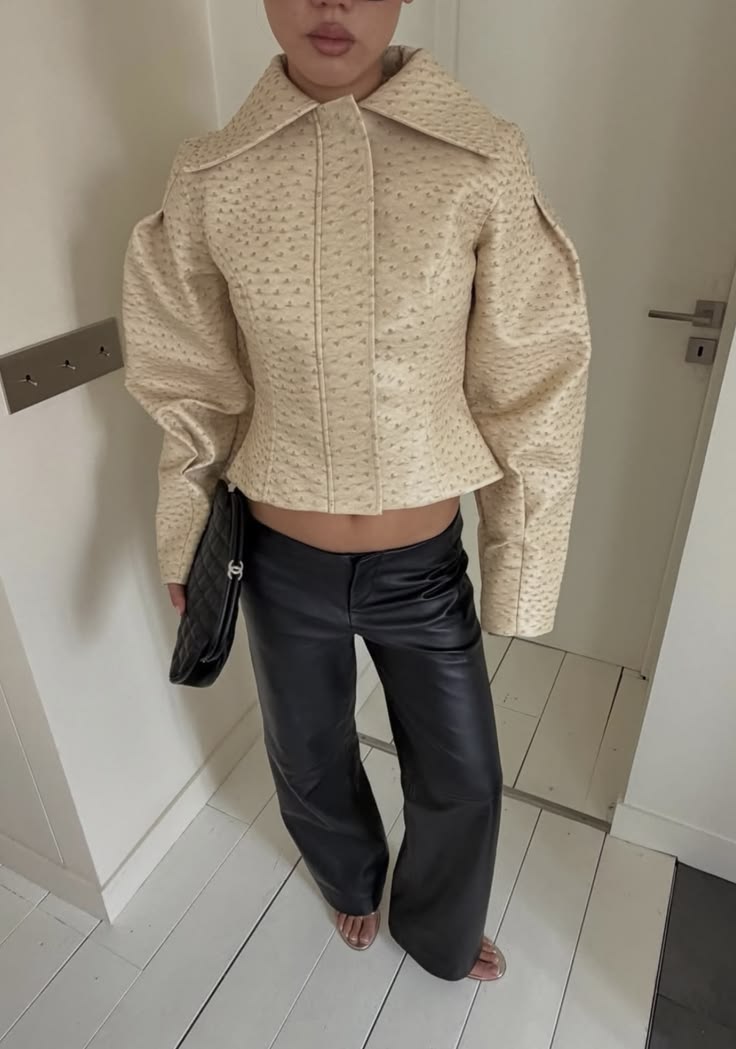 SOERA Rosette Ostrich Faux Leather Jacket - Jackets -