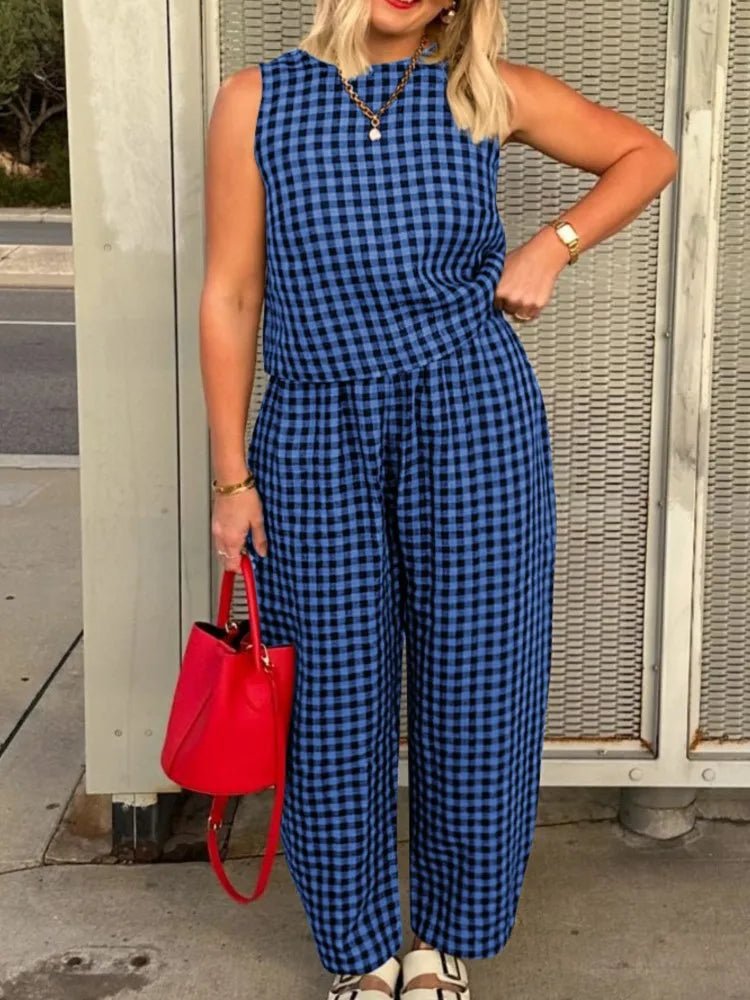 SOERA Zara Plaid Sleeveless Vest Nine Point Pants Set - Jumpsuit - Blue M