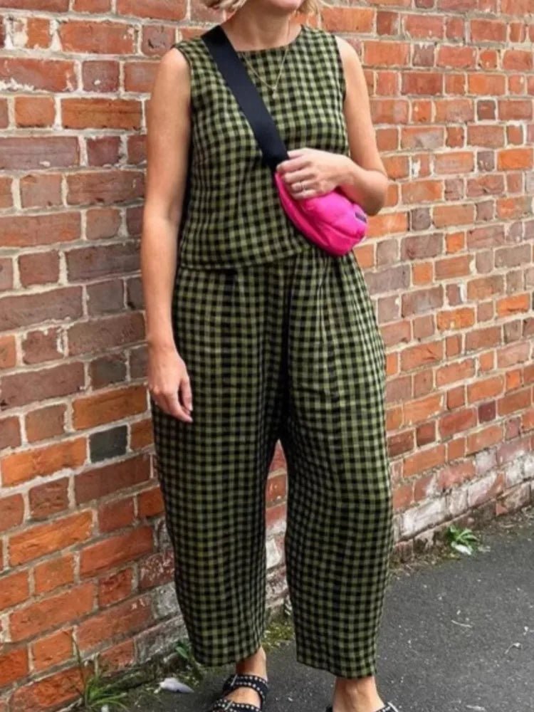SOERA Zara Plaid Sleeveless Vest Nine Point Pants Set - Jumpsuit - Olive S