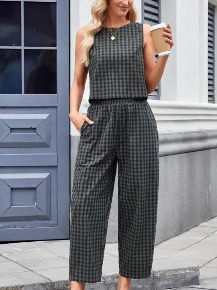 SOERA Zara Plaid Sleeveless Vest Nine Point Pants Set - Jumpsuits & Rompers - Blue S
