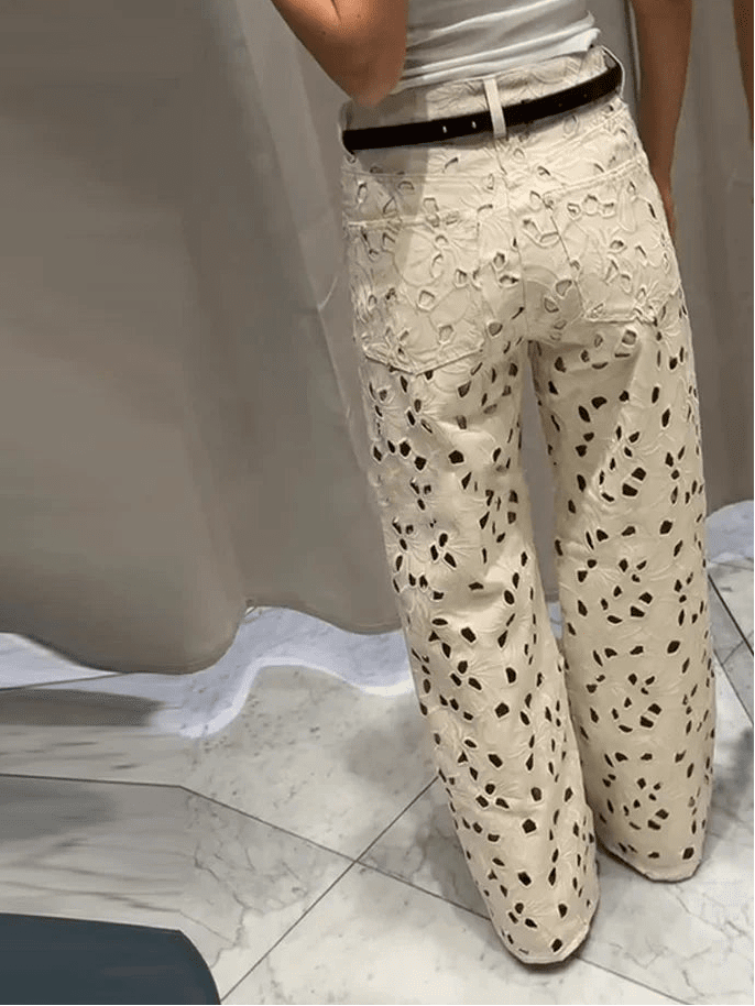 SOERA Anais Hollow-Out Denim High Waist Straight Jeans - Pants - Beige S
