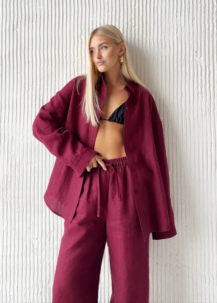 SOERA Bianca Relaxed Cotton Shirt & Wide-Leg Pants Set - Pants - Burgundy L