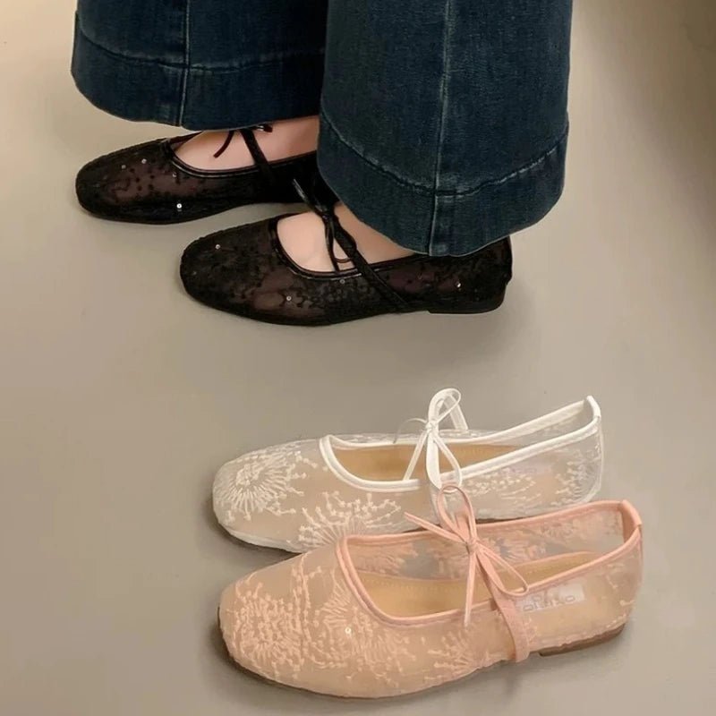 SOERA Saskia Embroidered Mesh Ballet Flats - Shoes - Black 37