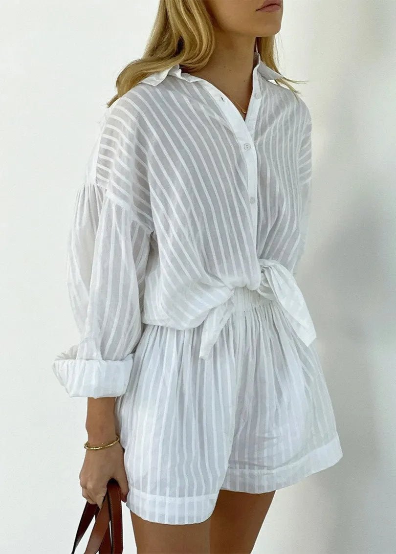 SOERA Bridget Striped Cotton Shirt and Shorts Set - Shorts - S