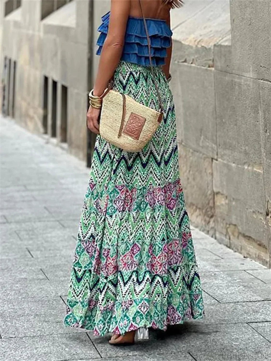 SOERA Celeste Flowy Boho Print Ruffled Hem Skirt - Skirts - Sky Blue S