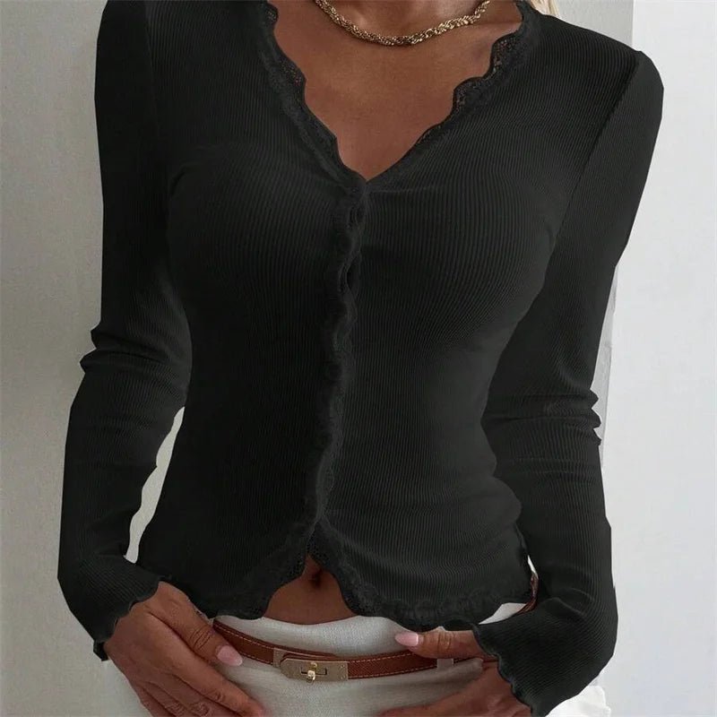 SOERA Roxana Ribbed Lace Trim V-Neck Blouse - Tops - White S