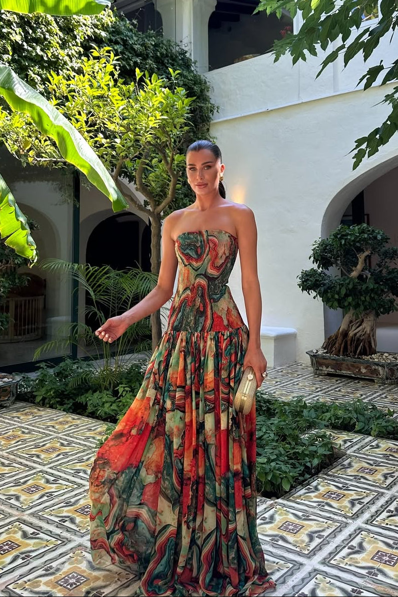 Zoe Strapless Abstract Print Maxi Dress