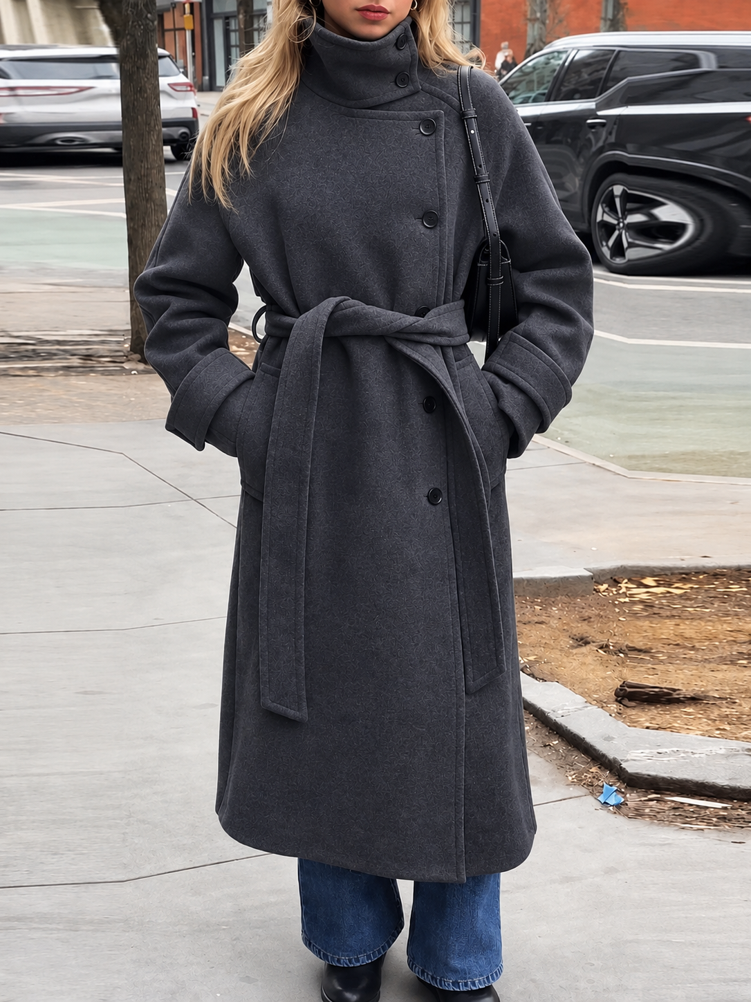 Claudine Long Belted High Collar Coat