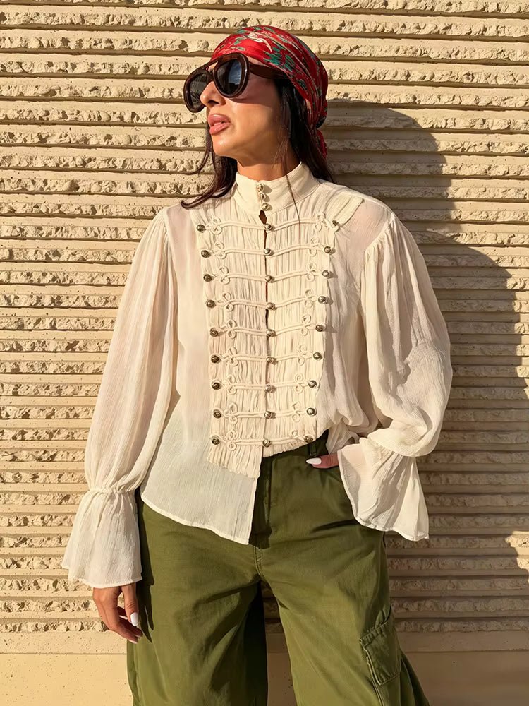 SOERA Amelie Vintage Chiffon Stand Collar Blouse - Blouses - SOERA-356547-BEI-XS-77411 Beige XS