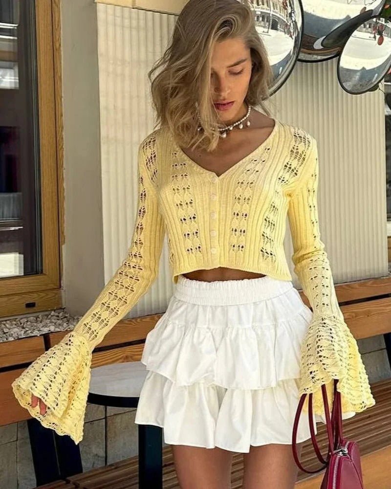 SOERA Ivana Hollow Out Knitted Cardigan - Cardigans - oh1771188465070101826 Butter Yellow S