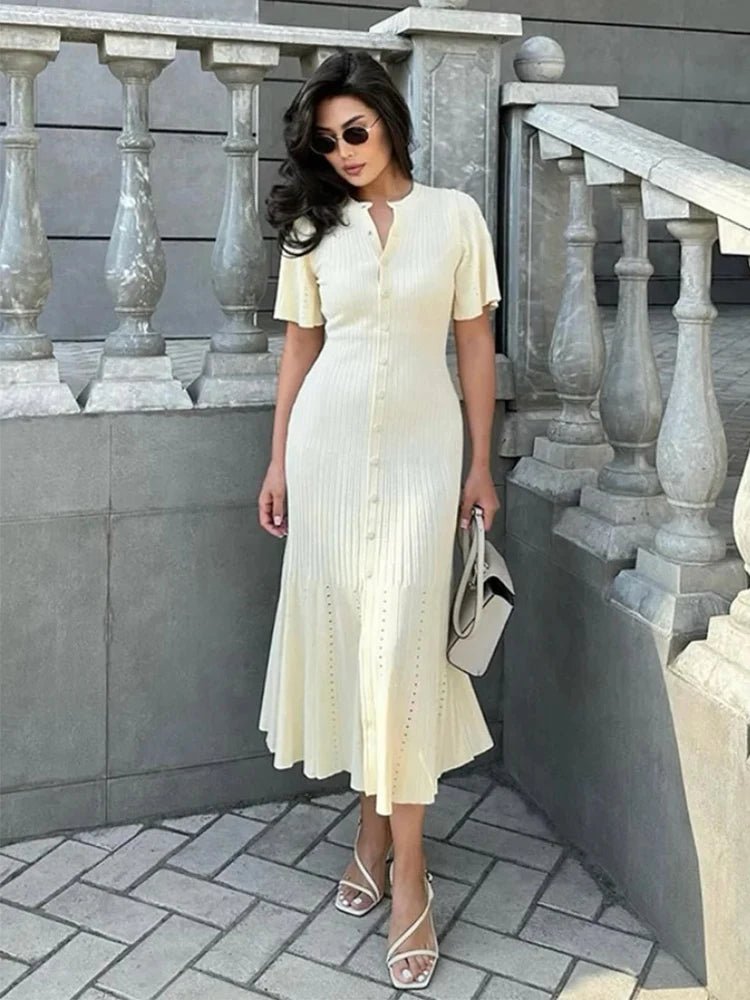 SOERA Bianca Bell Sleeve Pleated Knit Midi Dress - Dress -  Beige S