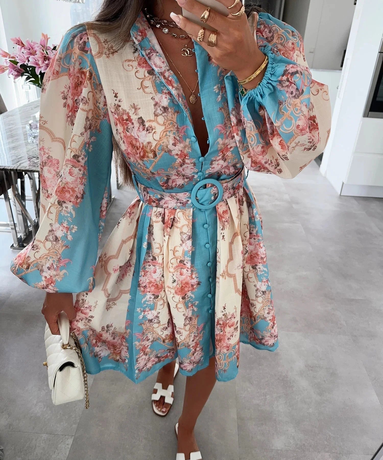 SOERA Petunia Belted Floral Midi Dress - Dress - SOERA-018051-BLU-M-65923 Blue M