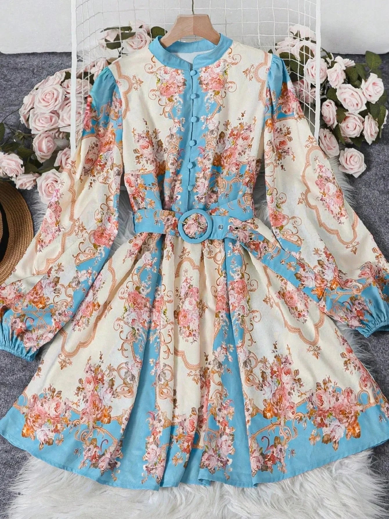 SOERA Petunia Belted Floral Midi Dress - Dress - SOERA-018051-BLU-XL-31459 Blue XL