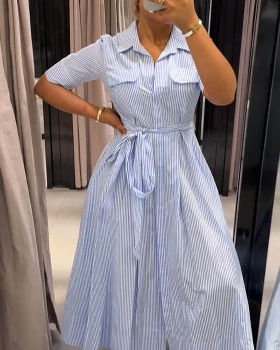 SOERA Katniss Striped Lace - Up Collar Maxi Dress - Dresses -  Blue XS
