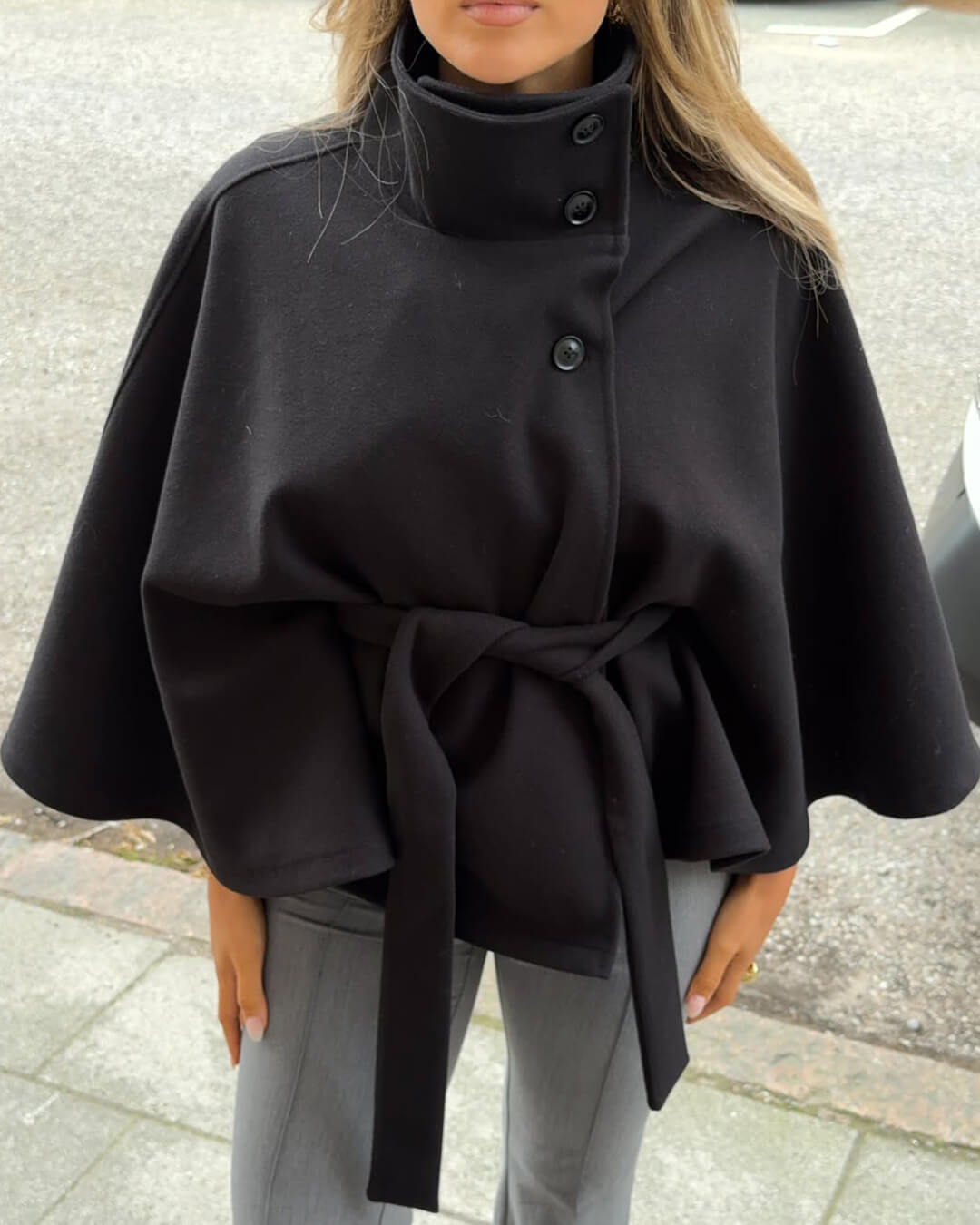 SOERA Gianna Elegant High - Neck Belted Cape Jacket - Jackets - jl1760544073334119416 Black S