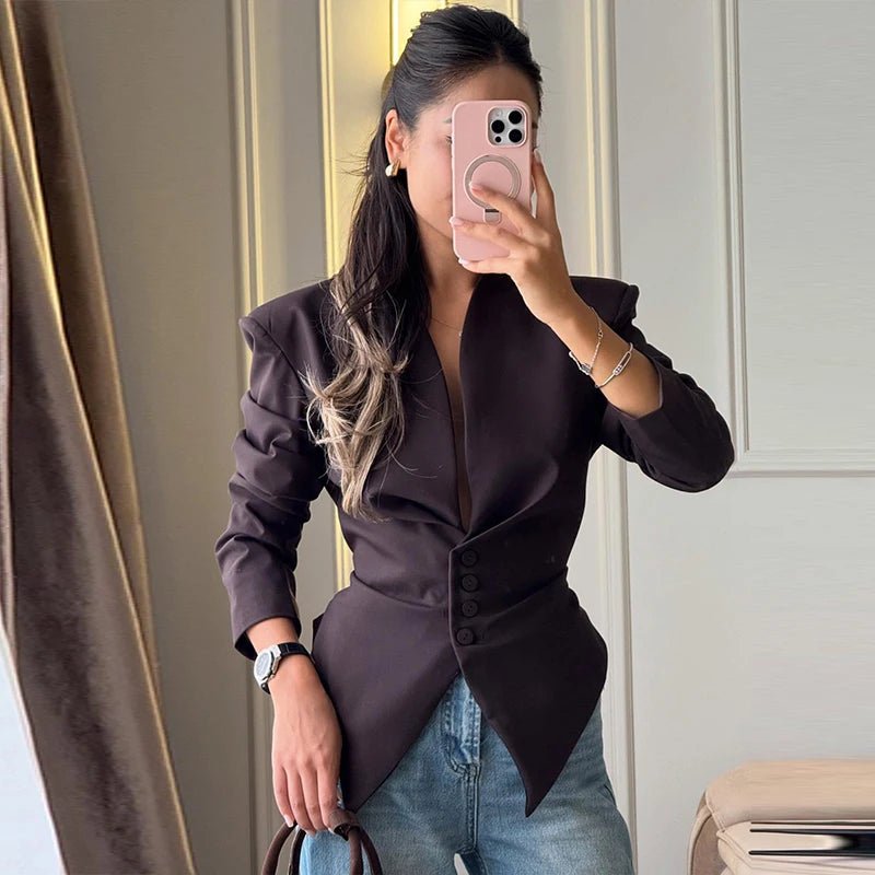 SOERA Tricia Structured Shoulder Cinched Blazer - Jackets - 1005011660132024-;qf1772045930022570680 Brown S
