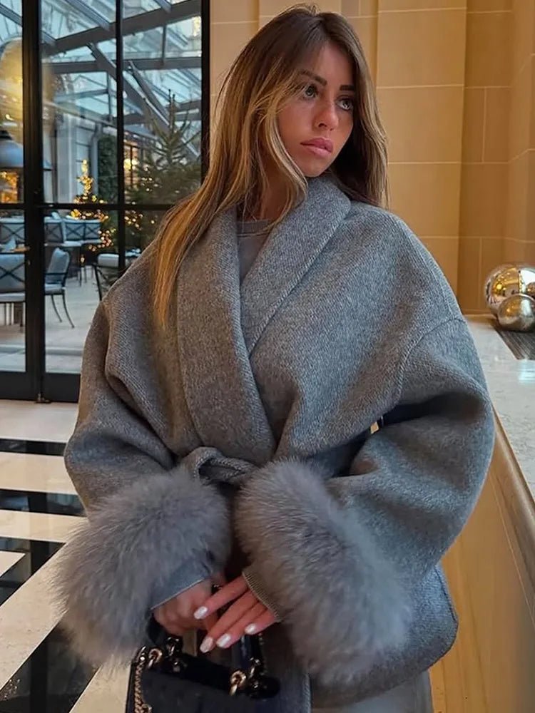 SOERA Wool Wrap Coat with Fox Fur Cuff - Jackets - 3256809512722732-;me1766845283307138520 Short Grey M