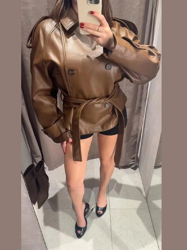 SOERA Xylia Belted Faux Leather Trench Coat - Jackets - 1005011754628540-;vK1773374039407623735 L