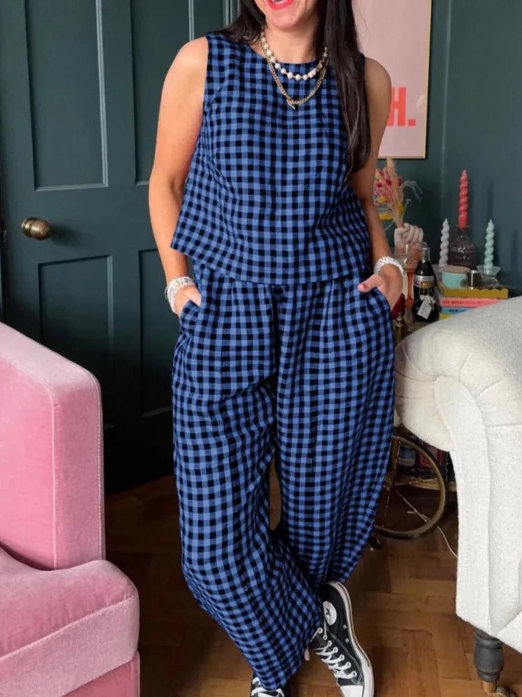SOERA Zara Plaid Sleeveless Vest Nine Point Pants Set - Jumpsuits & Rompers -  Blue S