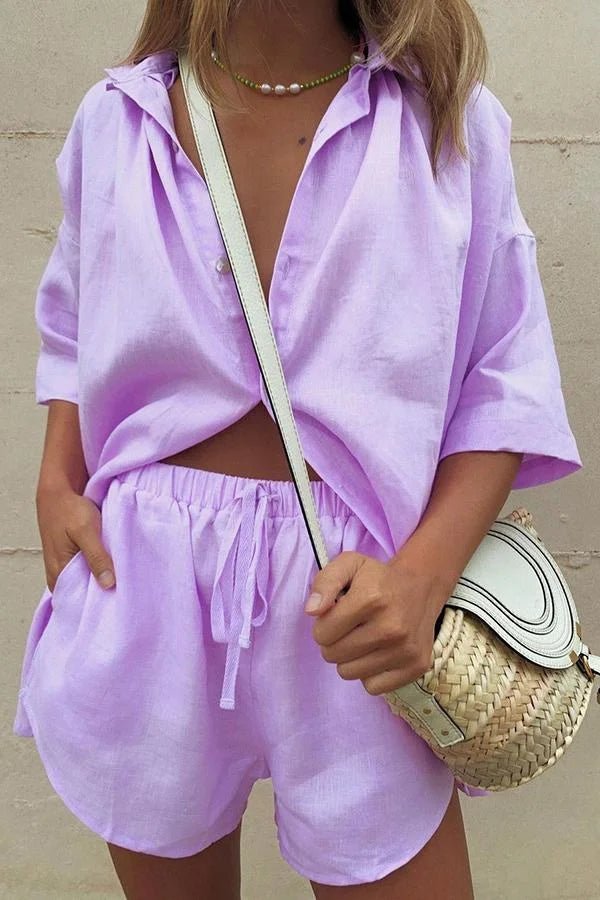 SOERA Erica Button-Down Blouse & Shorts Set - Matching Sets - 1005009100613909-;Nv1776125342985607746 Blue S