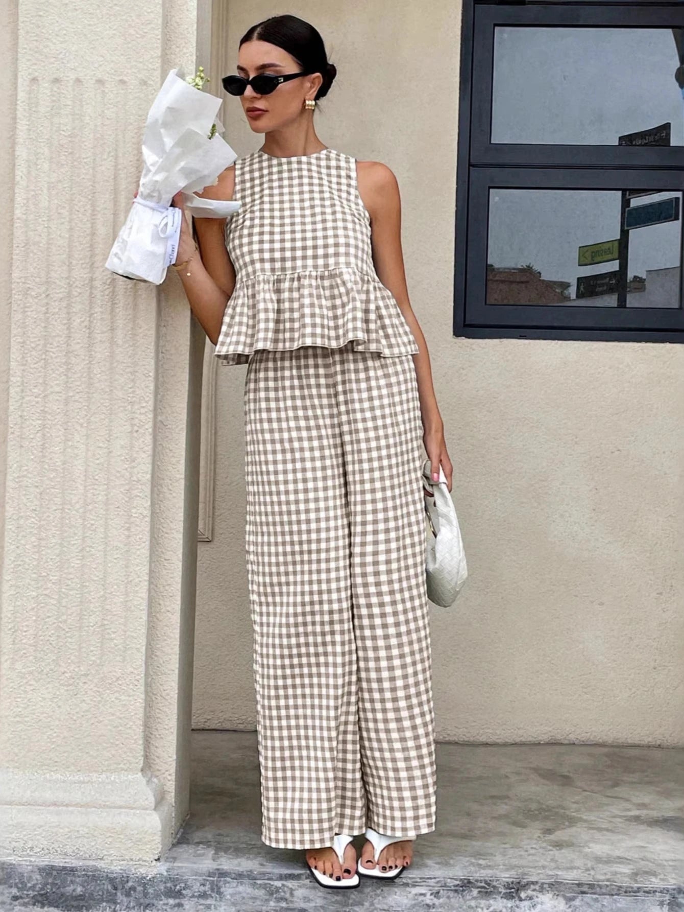 SOERA Mei Lattice Ruffled Two - Piece Set - Matching Sets -  Brown S