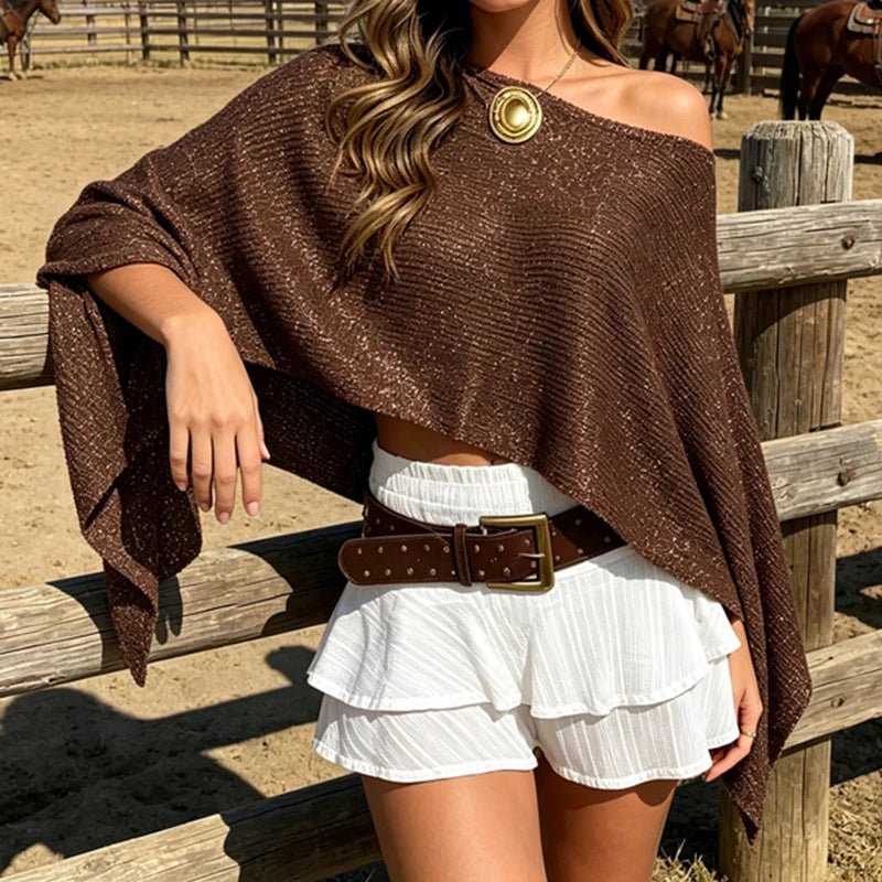 SOERA Bianca Shimmer Off - Shoulder Poncho Cape - Poncho -  Brown