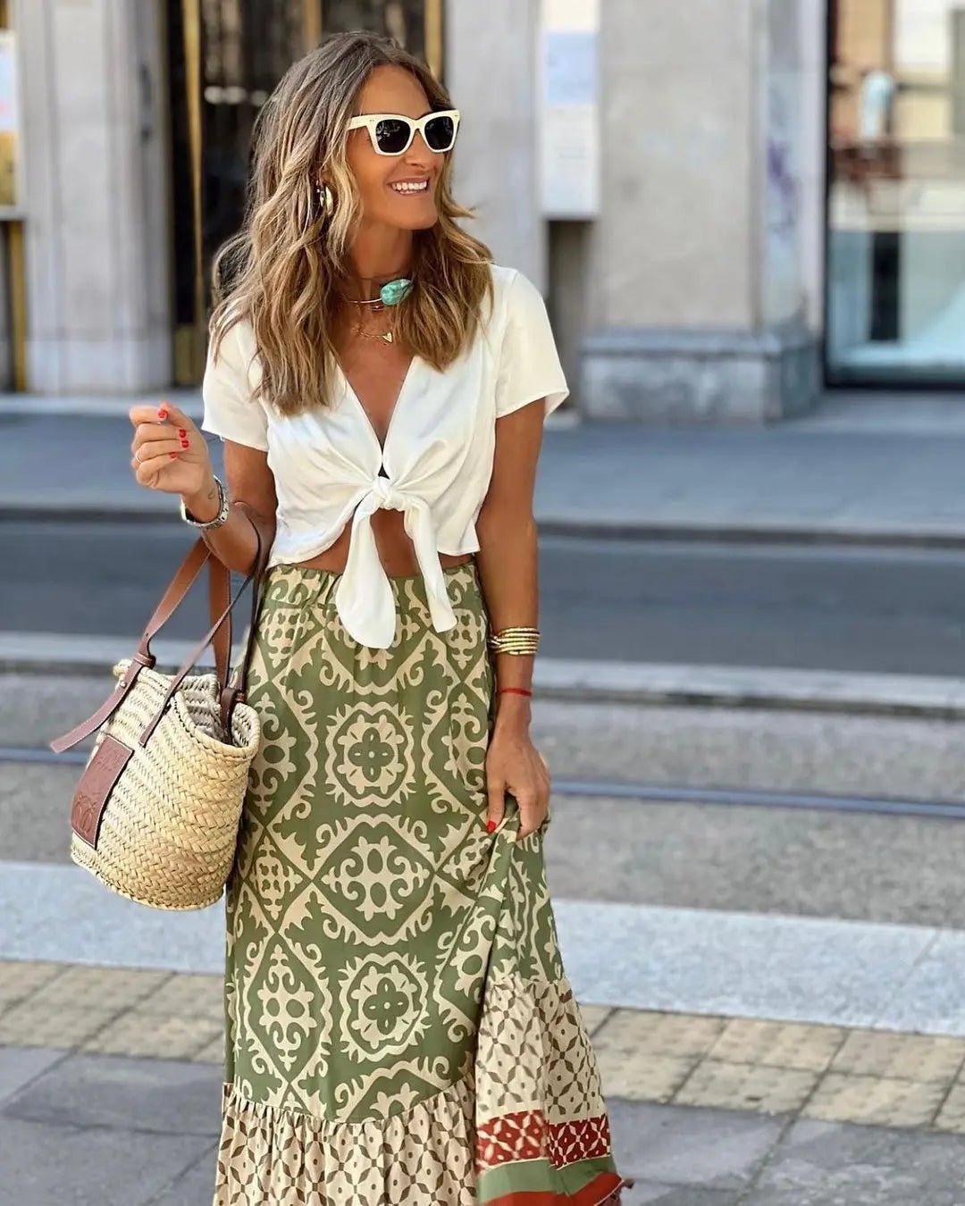 SOERA Zara Boho Printed Midi Swing Skirt - Skirt -  Olive M