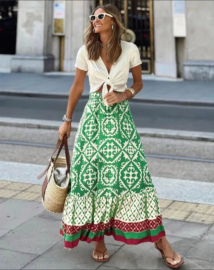 SOERA Zara Boho Printed Midi Swing Skirt - Skirts -  Olive S