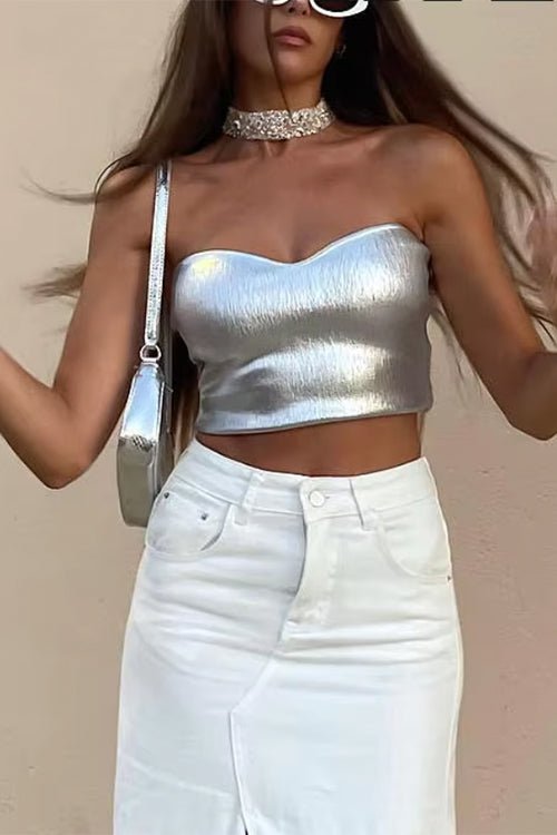 SOERA Beatrice Metallic Bandeau Crop Top - Top -  Silver S