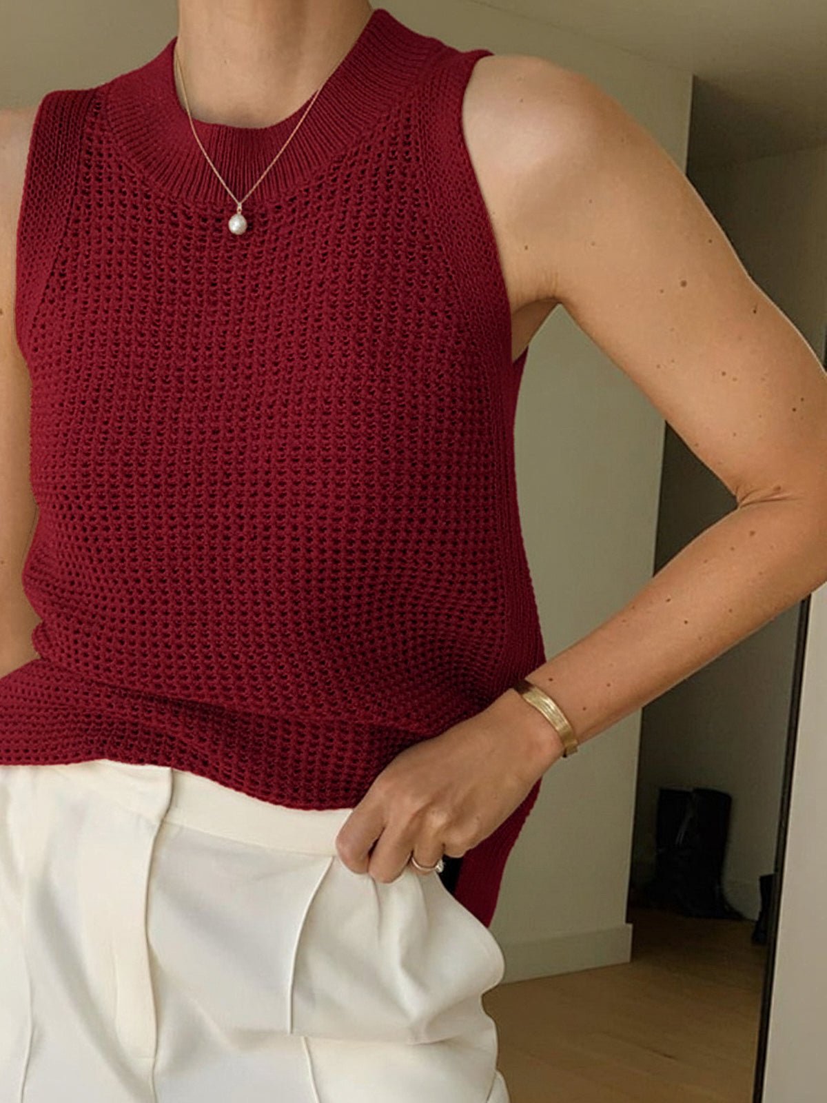 SOERA Jamilla Hollow Knit Tank Top - Tops -  Burgundy S