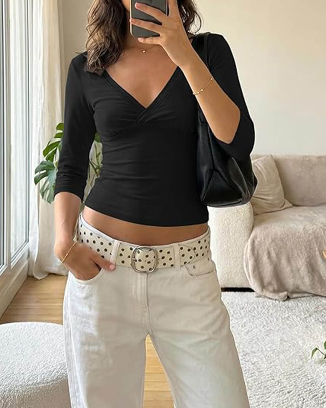 SOERA Sofia Deep V Midi Sleeve Tee - Tops -  Black S